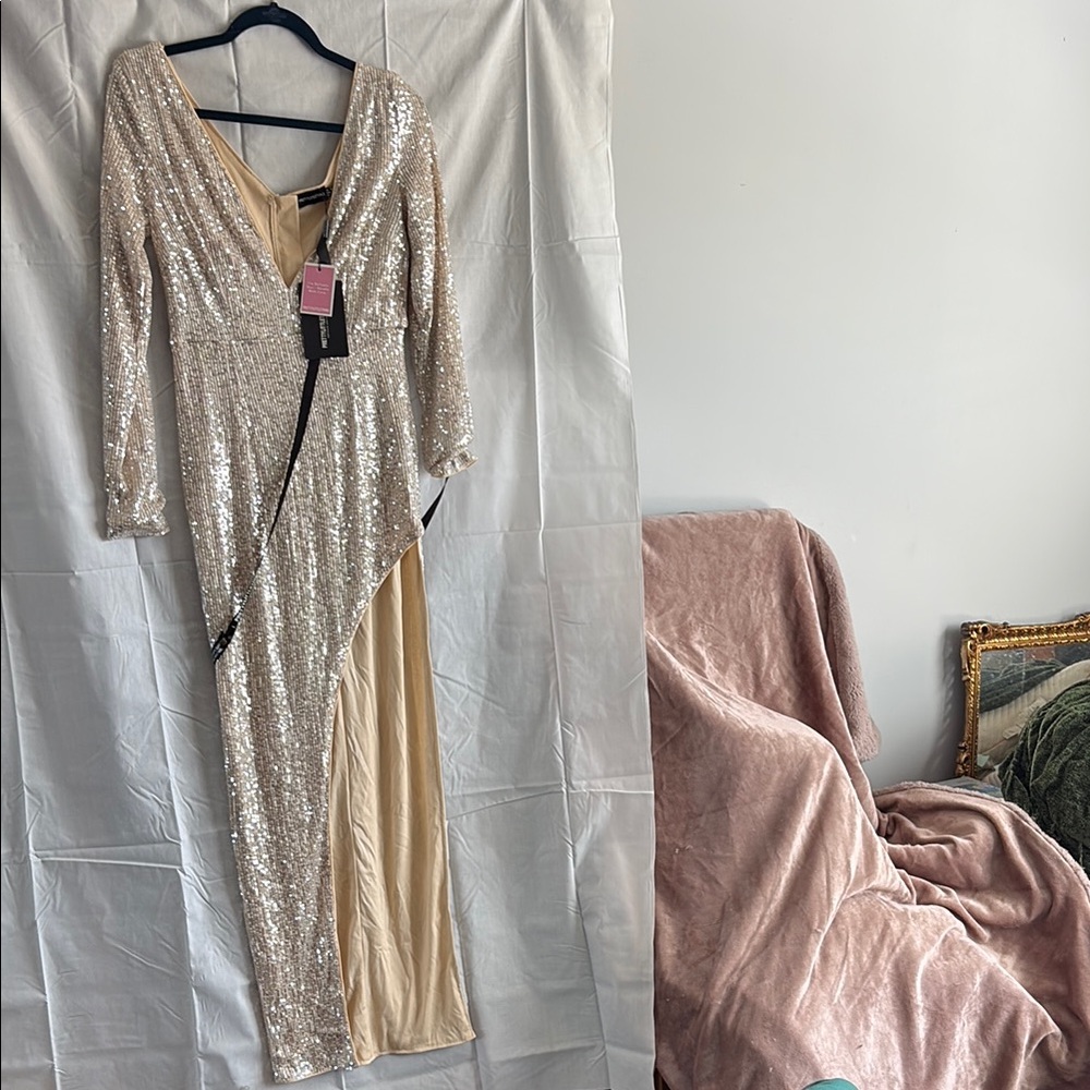 Sequin long sleeve high slit Dress